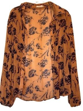 Brown and Navy Floral Sheer Button-Up Blouse